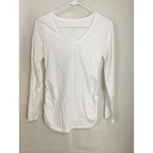 [274]Shirt Womens M White Long Sleeve V Neck Ruched Side Casual T-Shirt Tee Top